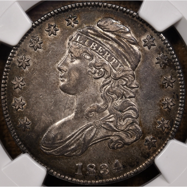 1834 O.112 SD SL Capped Bust Half Dollar NGC AU50 CAC, RARE Mint Error "Collar" Break