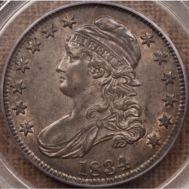 1834 O.107 Large Date, Small Letters Capped Bust Half Dollar PCGS AU58 CAC, ex. Tom Powell