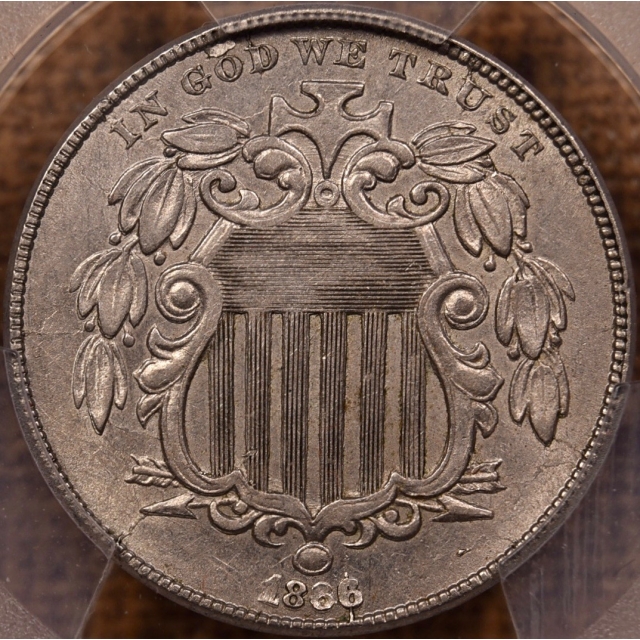 1866 With Rays Shield Nickel PCGS AU58