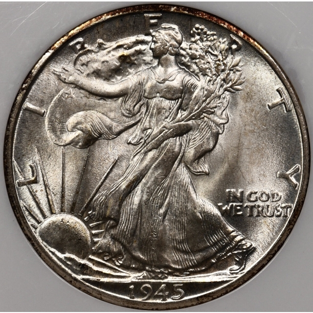 1945-D Walking Liberty Half Dollar NGC MS64, Perfect No-Line Fatty