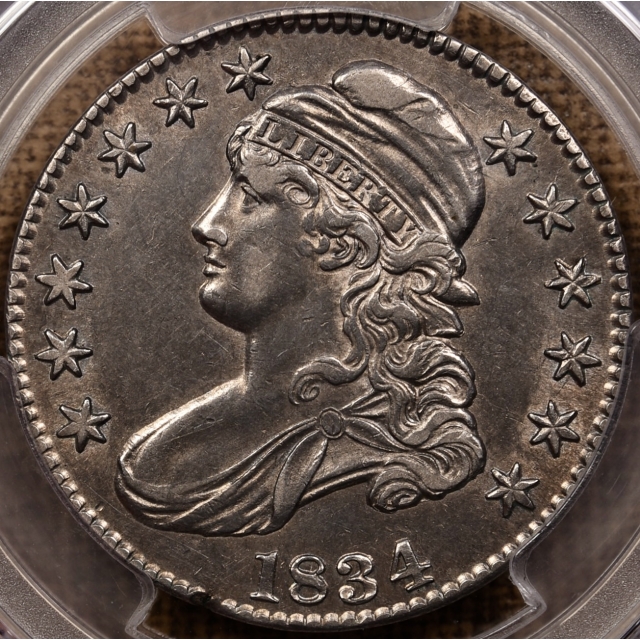 1834 O.101 Large Date, Large Letters Capped Bust Half Dollar PCGS AU50, Incomplete Planchet and Double Edge Lettering