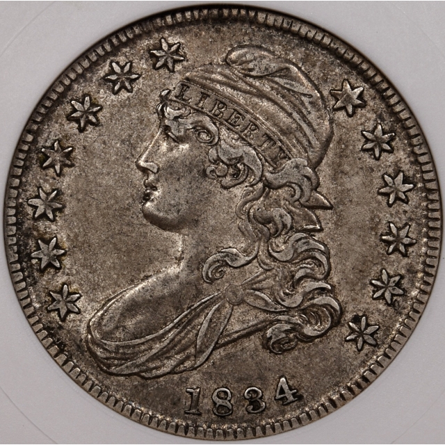 1834 O.109 Small Date, Small Letters Capped Bust Half Dollar old ANACS AU53, super choice XF45+