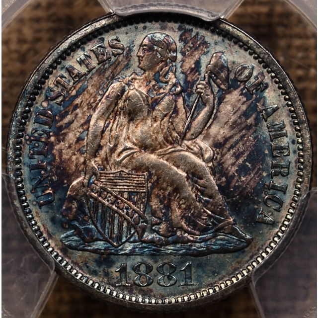 1881 Liberty Seated Dime PCGS MS65, Incredible color!