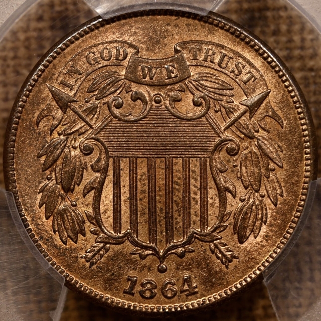 1864 Large Motto Two Cent Piece PCGS MS64 RB CAC