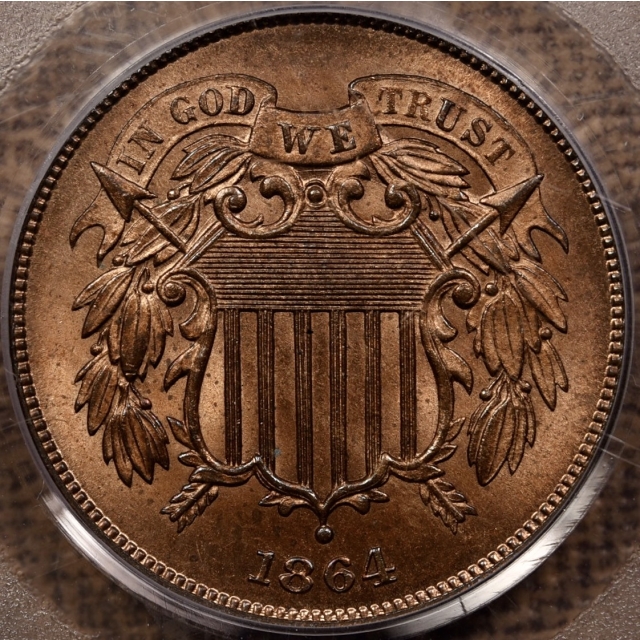 1864 Large Motto Two Cent Piece PCGS MS65 RB OGH CAC