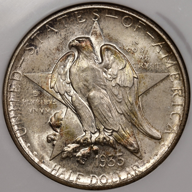 1935-D Texas Silver Commemorative NGC MS66 CAC, perfect No-Line Fatty