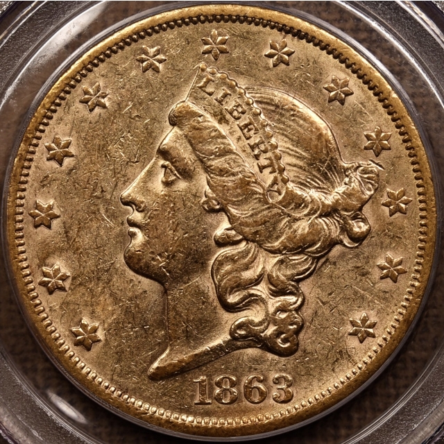 1863-S $20 Liberty Head Double Eagle PCGS AU55 CAC