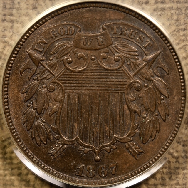 1867 Two Cent Piece PCGS MS64 BN OGH CAC