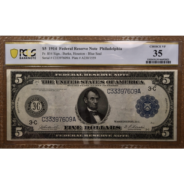 1914 $5 Federal Reserve Note Philadelphia Fr# 854 PCGS Banknote VF35