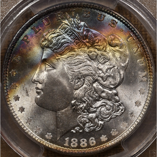 1886 Morgan Dollar PCGS MS66+ CAC, Incredible Obverse Rainbow!