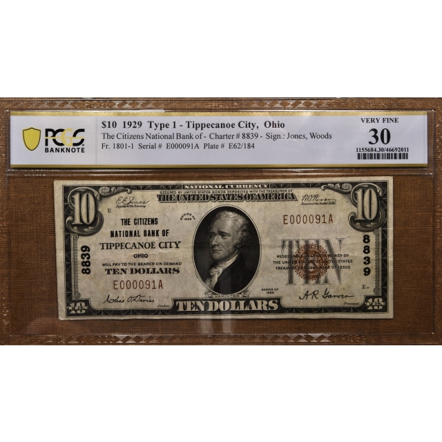 1929 $10 Type 1 National, Tippacanoe City, OH Ch# 8839, PCGS Banknote VF30