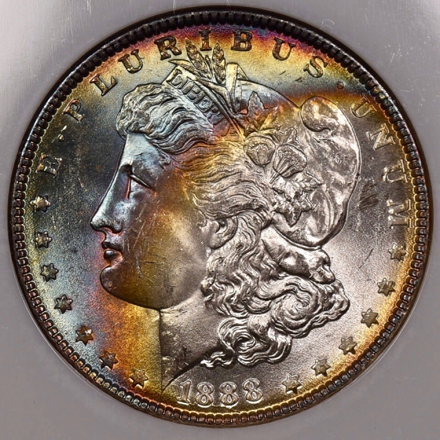 1888 Morgan Dollar S$1 NGC MS64, obverse bag rainbow!