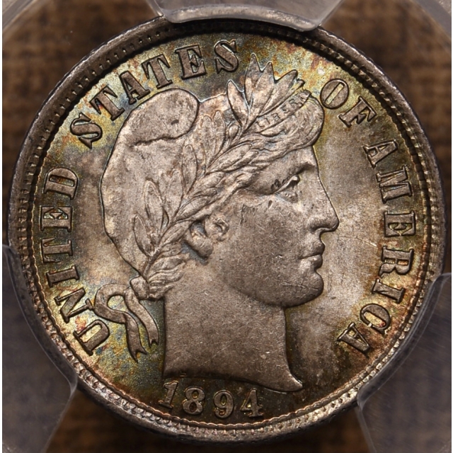 1894 Barber Dime PCGS MS64 CAC, breathtaking toning