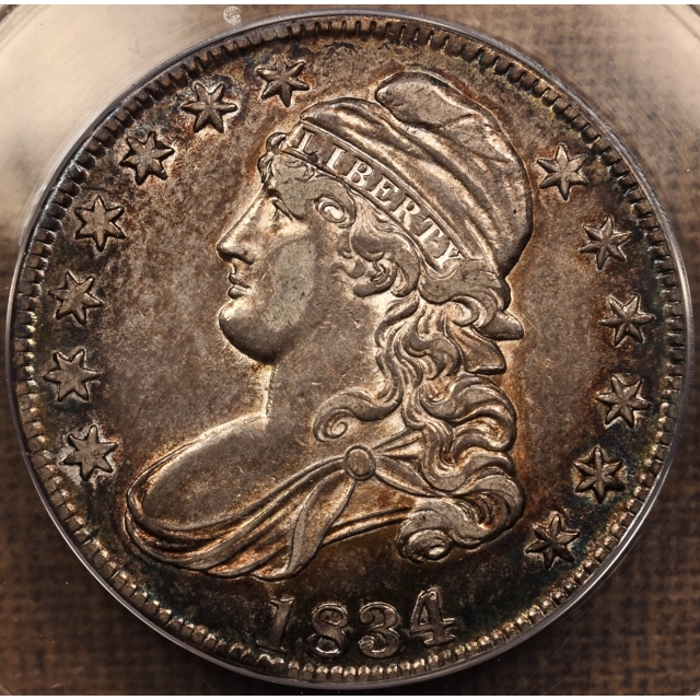 1834 O.105 Large Date, Small Letters Capped Bust Half Dollar, ANACS AU55, COLOR!