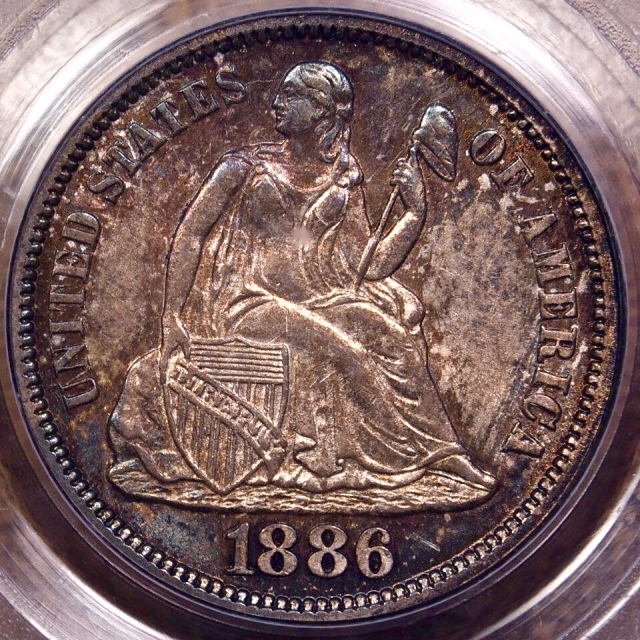 1886 Liberty Seated Dime PCGS MS63, great color!