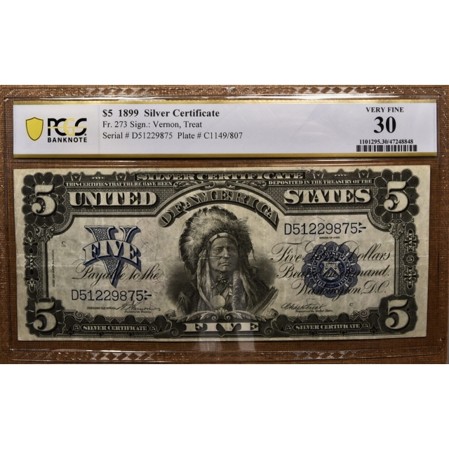 1899 $5 Chief Silver Certificate Fr# 273 PCGS Banknote VF30
