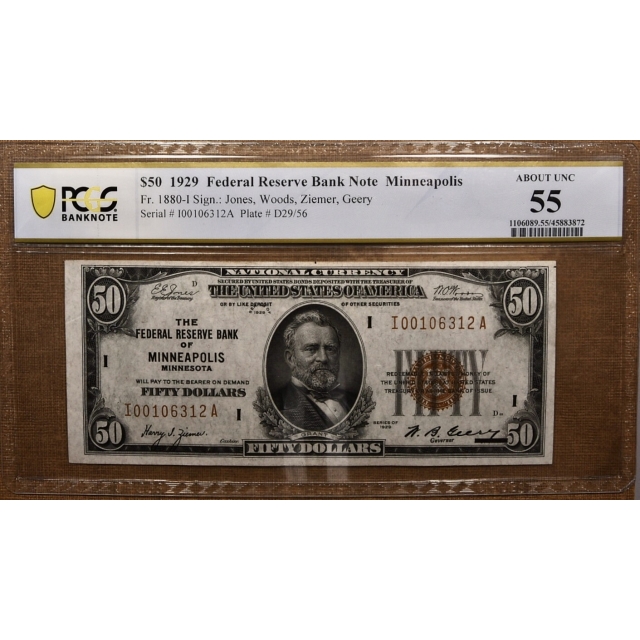 1929 $50 Federal Reserve Note Minneapolis Fr# 1880-I PCGS Banknote AU55