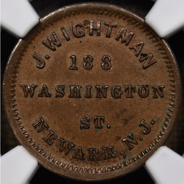 1863 Civil War Store Card, Newark, NJ, J. Wightman, F-555C-2a, NGC MS63 BN