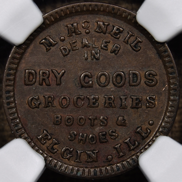 1863 Civil War Store Card, Elgin, IL, M. McNeil, Grocer, F-270A-1a R5, NGC XF45 BN