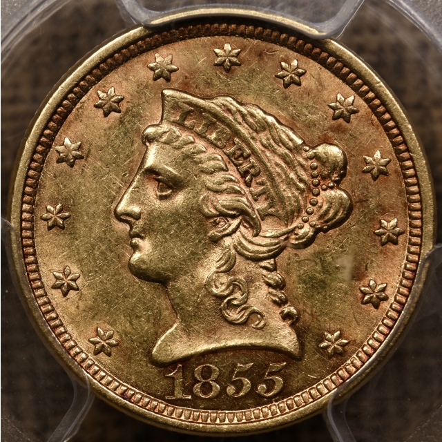 1855 $2.50 Liberty Head Quarter Eagle PCGS AU55 CAC