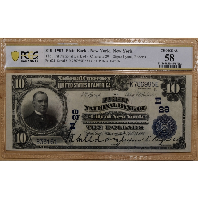 1902 $10 Plain Back, New York, NY, Ch #29, PCGS Banknote AU58