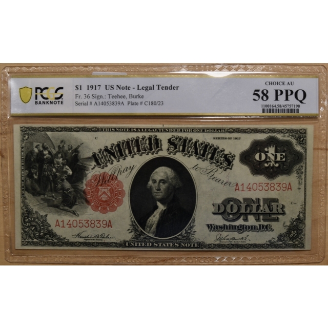 1917 Fr 36 $1 US Note Legal Tender, PCGS Banknote AU58 PPQ