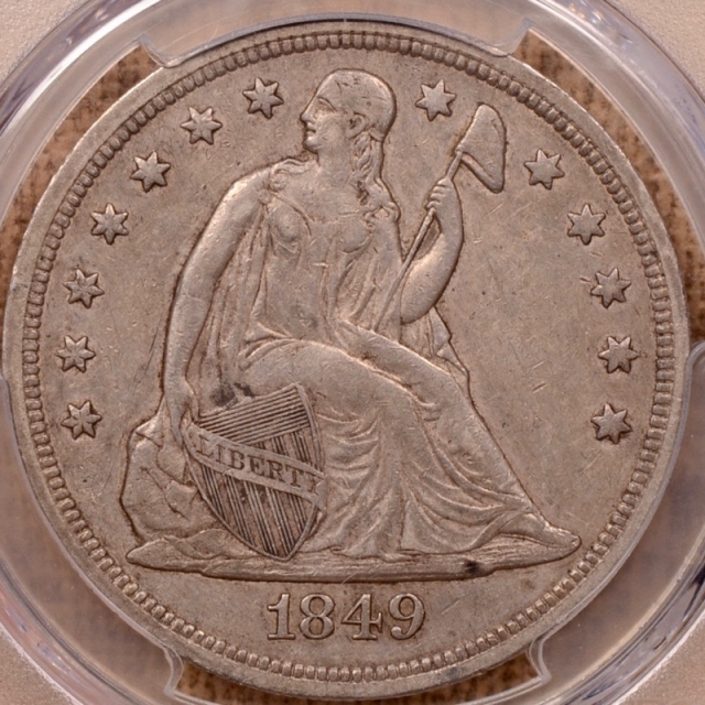 1849 Liberty Seated Dollar PCGS XF45 (CAC)