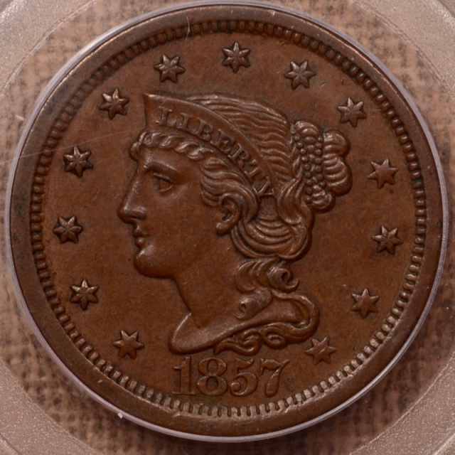 1857 N.1 Large Date Braided Hair Cent PCGS AU58BN OGH