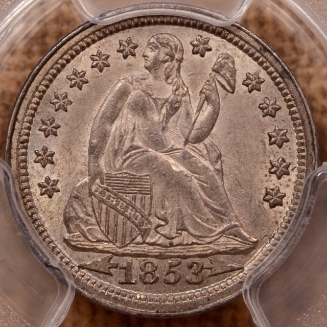 1853 Arrows Liberty Seated Dime PCGS MS62 (CAC)