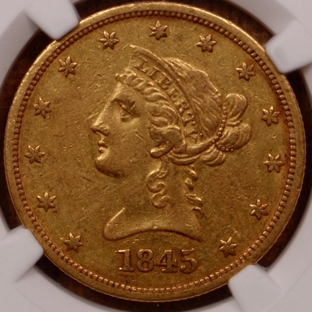 1845-O W-3 Repunched 4 No Motto $10 Liberty Gold Eagle NGC AU53